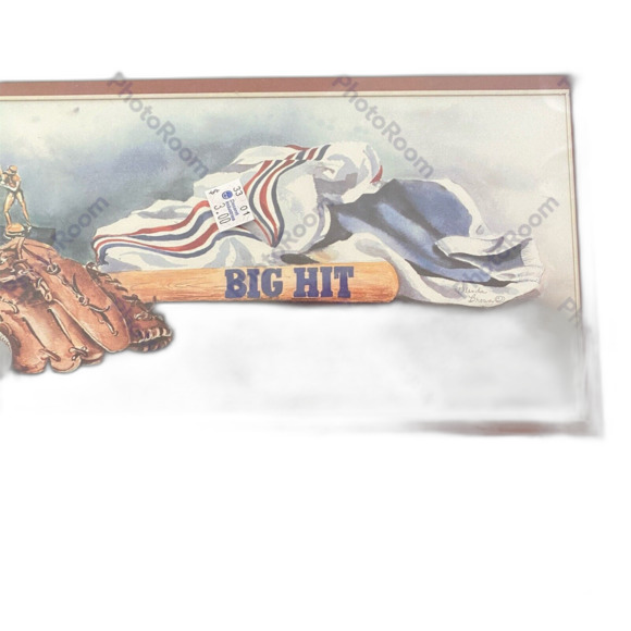 Vintage Baseball Bat Mitt Print Oak Framed Matt Glass 11 x 20 Preowned Wall Art - Picture 3 of 4